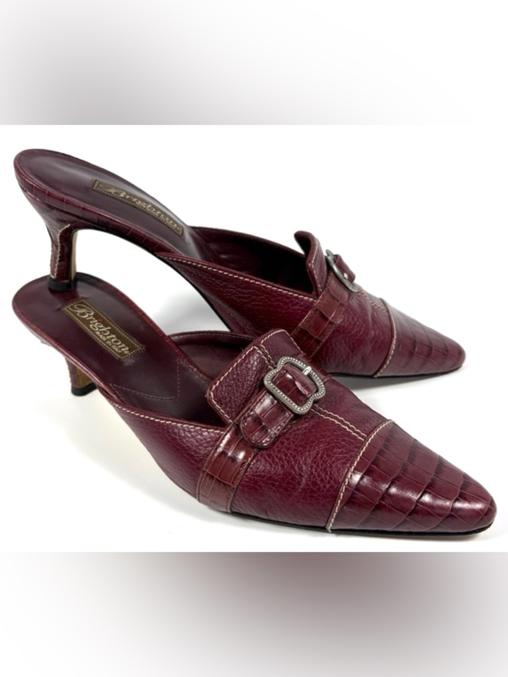 Brighton Italy Burgundy Croc Embossed Leather Mule Heels Womens 9 Kitten Heel